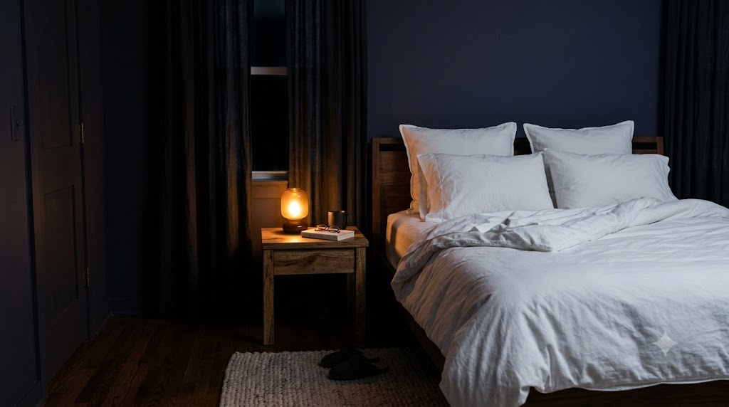 A dark, peaceful bedroom environment ideal for deep rest