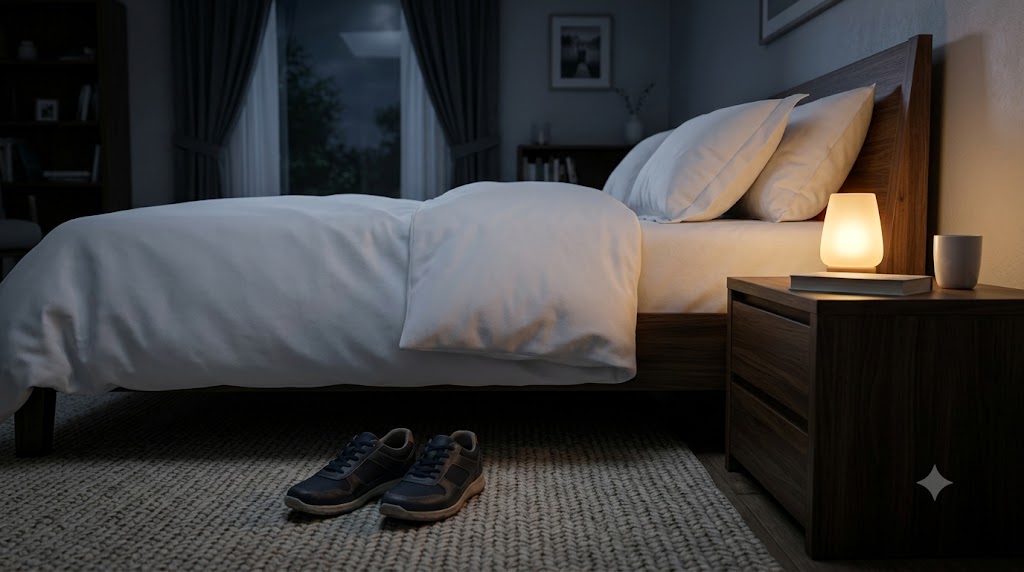 Comfortable walking shoes sitting next to a cozy, dark bed