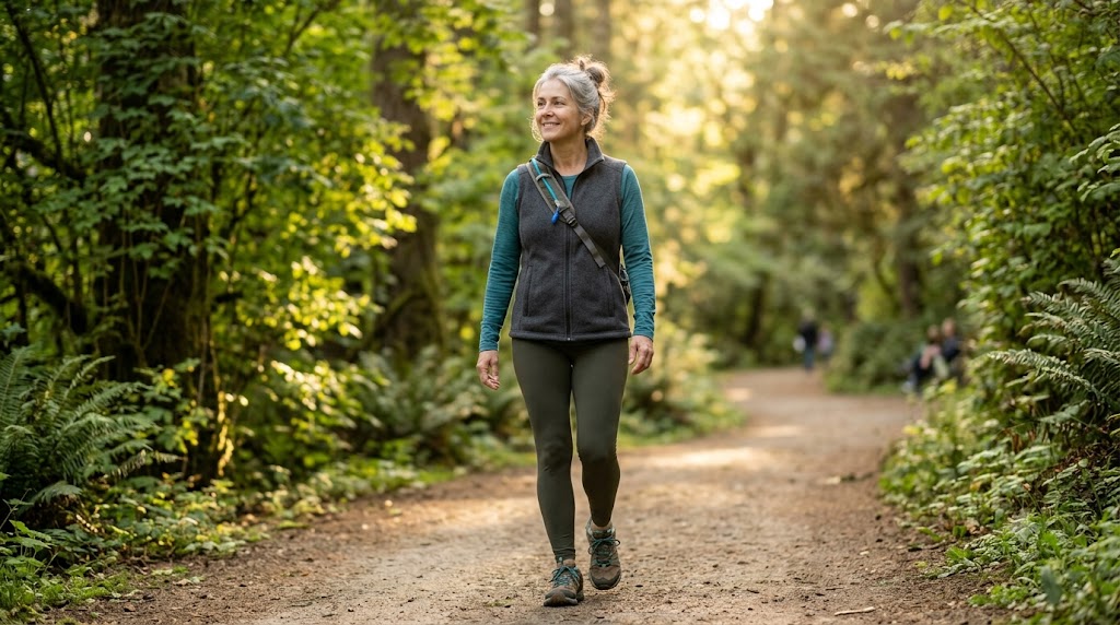 A mature adult walking peacefully in a sunlit park