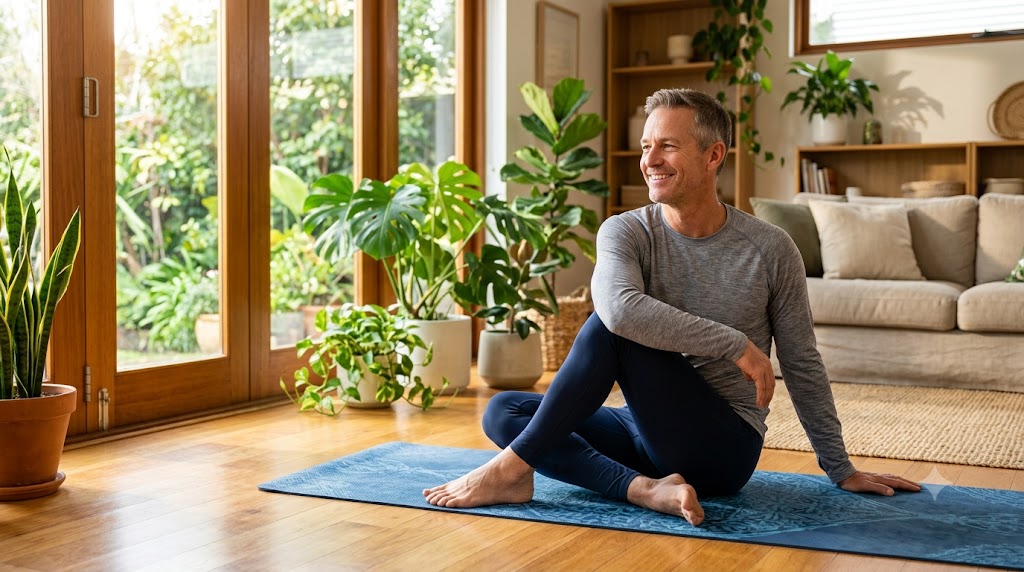 Mature adult practicing gentle morning yoga in a sunlit room