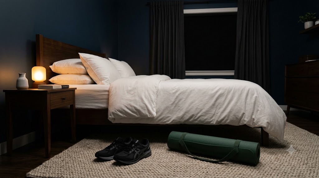 Running shoes and a yoga mat next to a peaceful bed