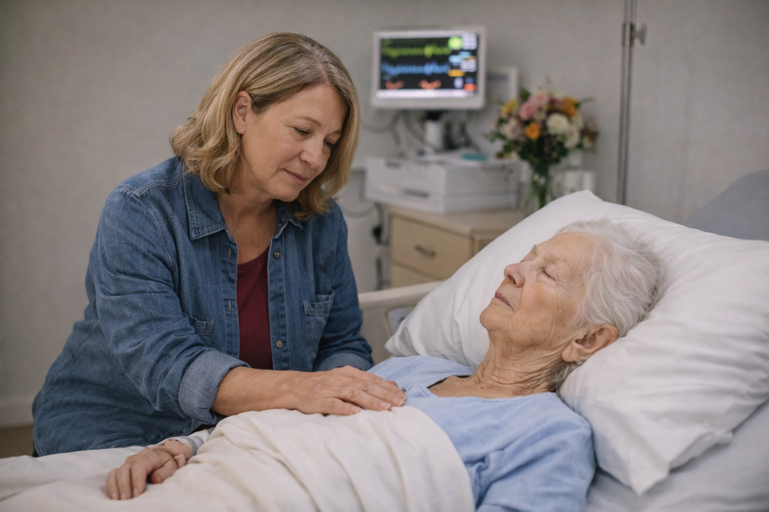 A woman caring for an elderly loved one at home