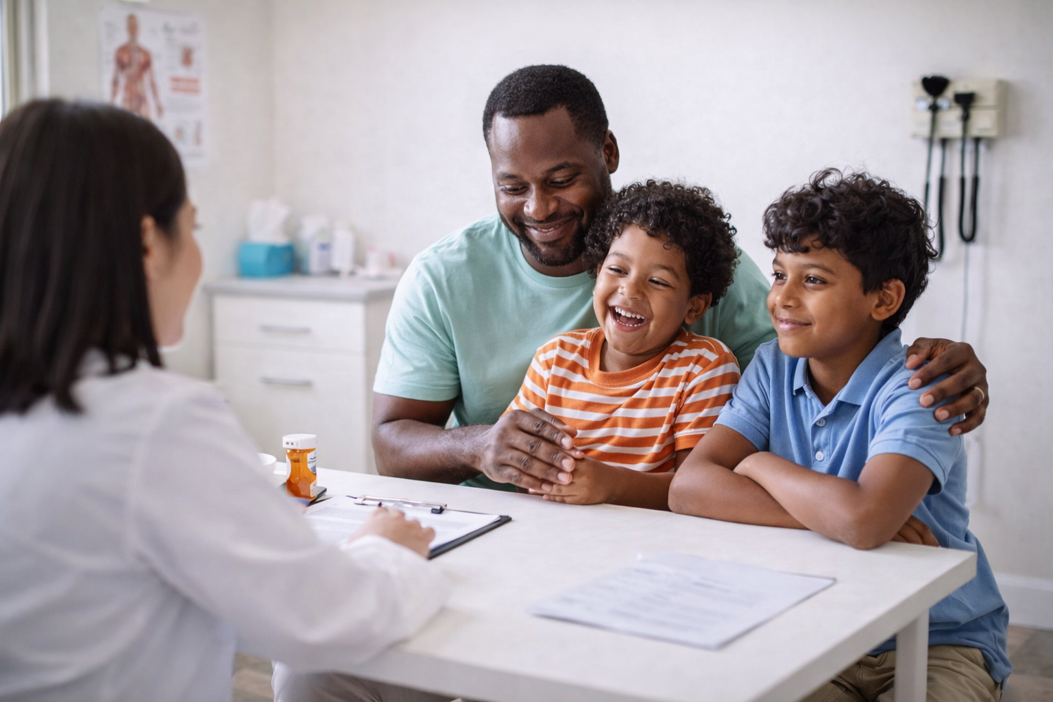 A family looking over medical results together, feeling relieved