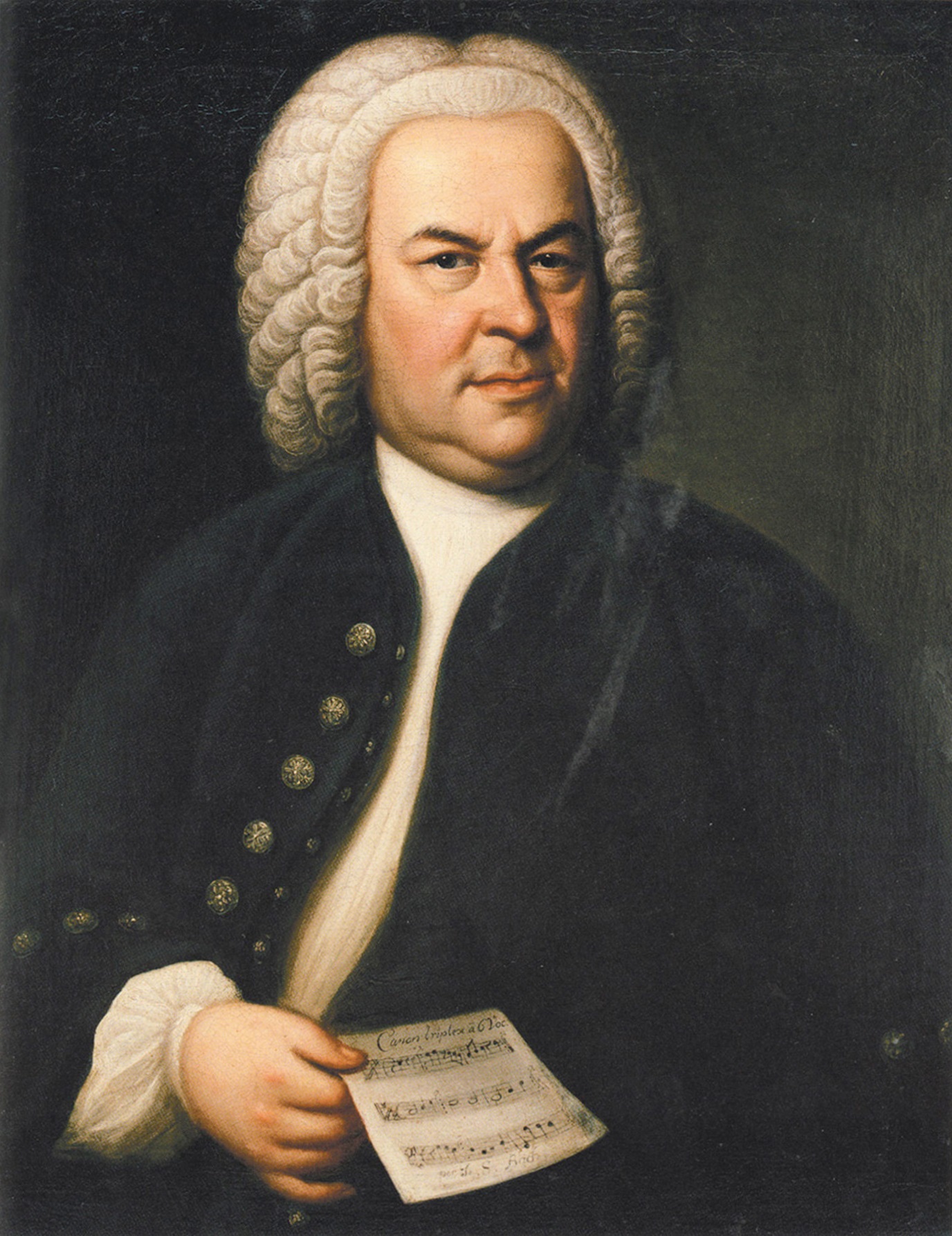Retrato de Johann Sebastian Bach por E. G. Haussmann (1746), sosteniendo el Canon triplex a 6 voces