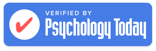 Blue badge with a red checkmark and the text "Verified by Psychology Today," highlighting Julia Schwab Therapy in Los Angeles for exceptional mental health therapist services.