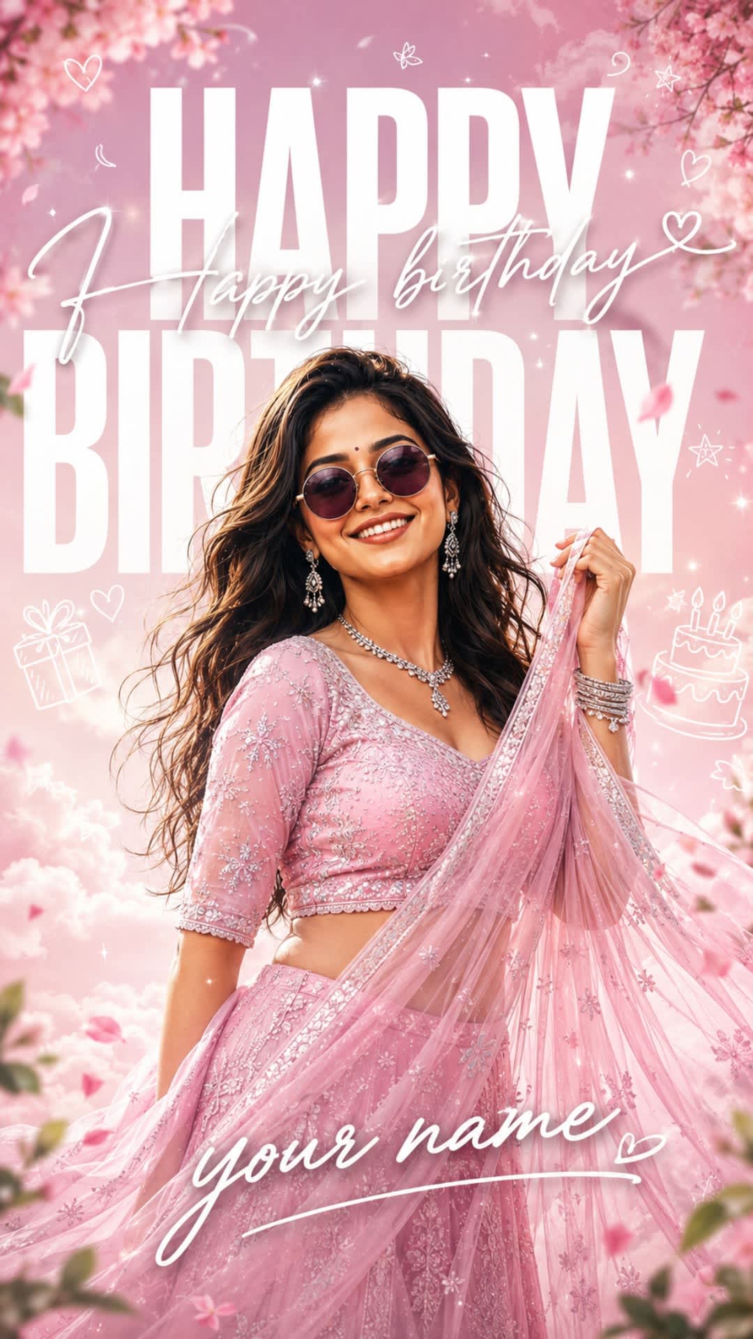 Pastel Pink Indian Birthday Fashion Editorial Poster with Custom Name Calligraphy