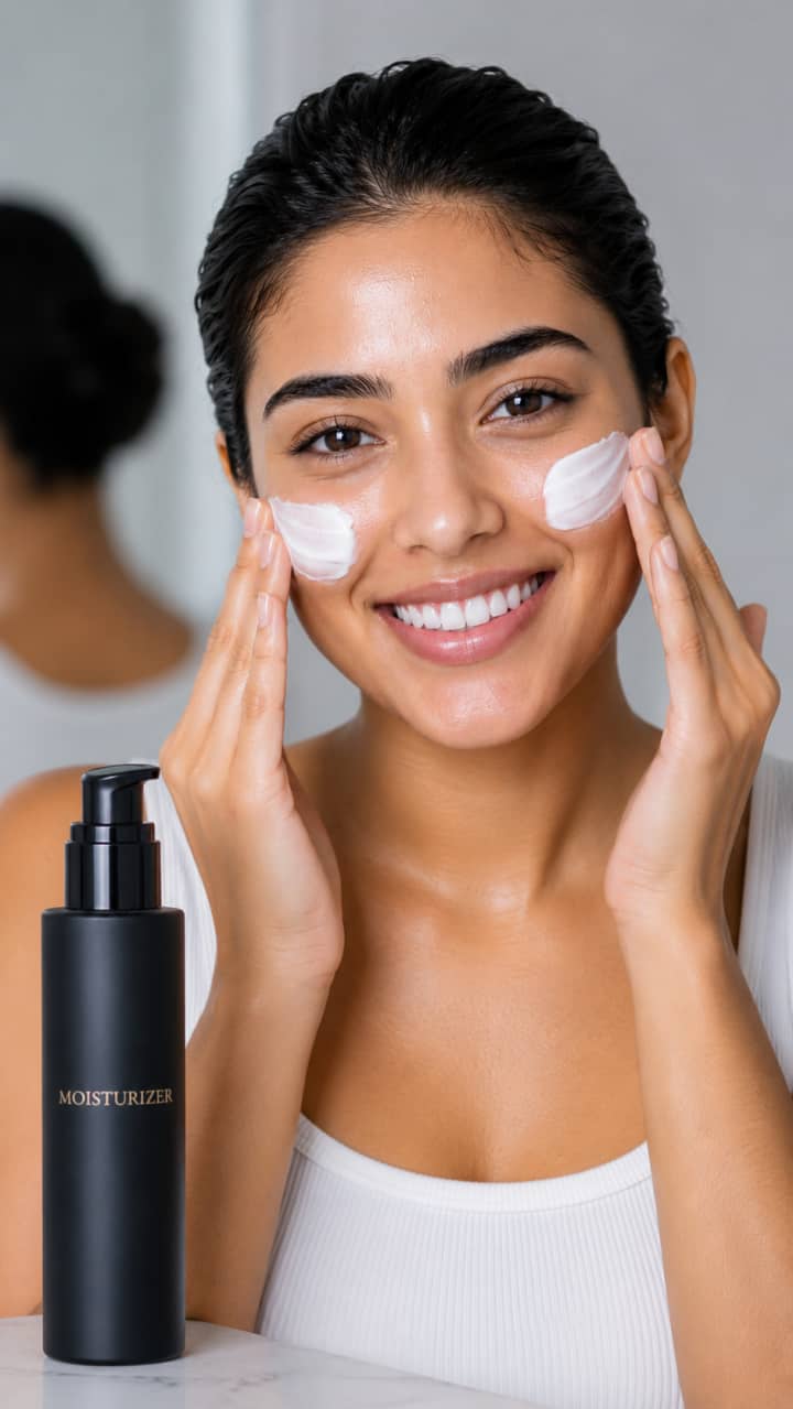 Cheek Patting Skincare Moisturizer Portrait — Slicked Back Hair, Cream Texture, Matte Black Bottle
