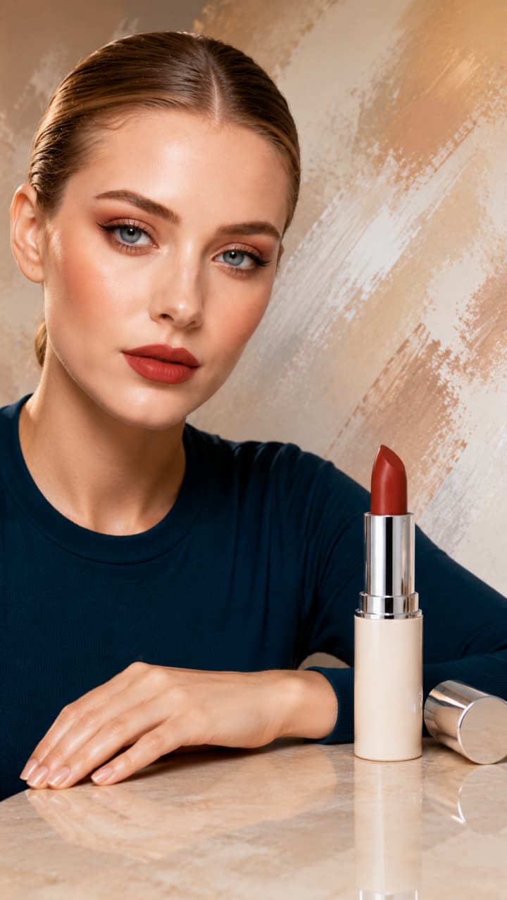 Luxury Lipstick Editorial Portrait — Wet-Look Hair, Marble Tabletop, Rose-Gold Brushstroke Background
