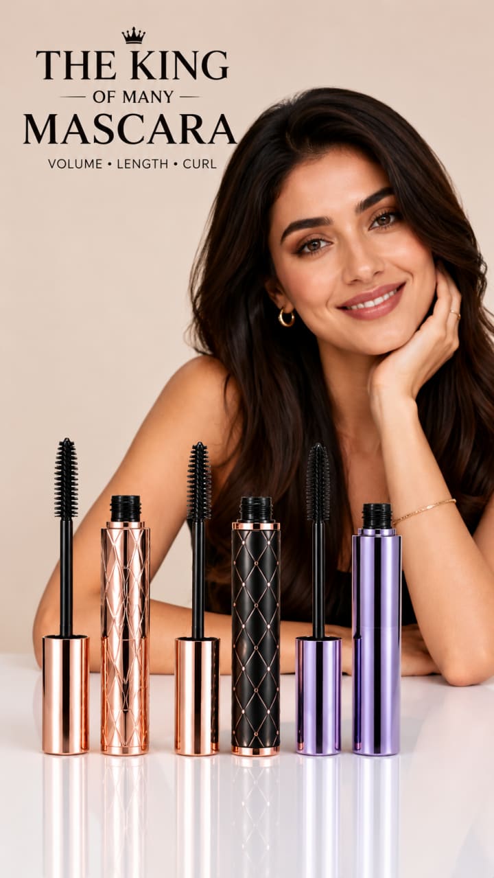 Luxury Mascara Trio Lineup Portrait — Rose-Gold, Black, and Lavender Packaging, Warm Beauty Editorial