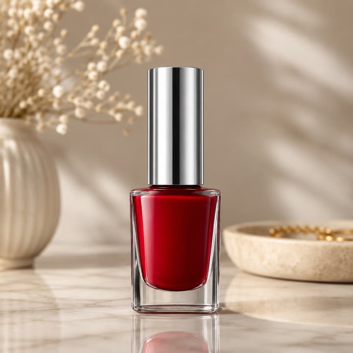 Crimson Red Nail Polish Bottle Lifestyle Mockup — Marble Vanity Styling, Warm Sun-Dappled Background