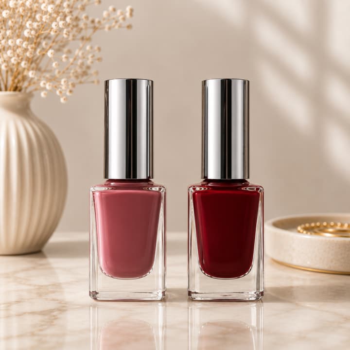 Dual Nail Polish Bottle Mockup — Mauve Rose and Wine Red, Marble Vanity Lifestyle Styling
