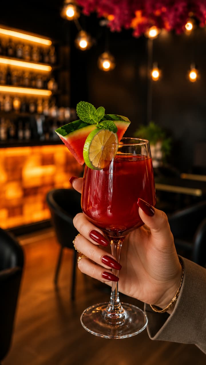 Elegant Hand Holding Red Cocktail in Upscale Bar