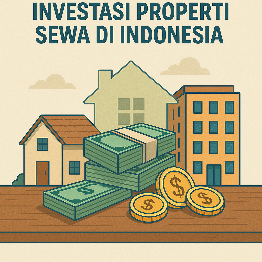 Panduan Investasi Properti Sewa di Indonesia 2025 Ilustrasi rumah kos dan apartemen sewaan dengan uang tunai di atas meja—melambangkan income pasif dari properti sewa.