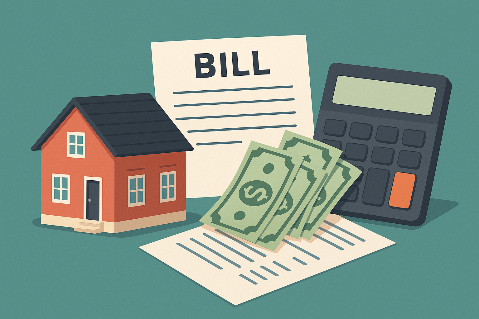 Biaya Tersembunyi Beli Properti Sewa di Indonesia Ilustrasi rumah sewa, dokumen tagihan, dan kalkulator – menggambarkan proses menghitung total biaya sebelum beli properti investasi.