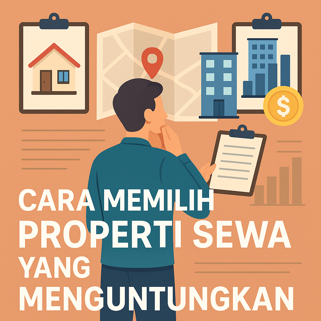 Cara Memilih Properti Sewa yang Menguntungkan Ilustrasi orang sedang membandingkan dua properti, dengan peta, grafik, dan tanda uang – menunjukkan proses memilih investasi sewa terbaik.