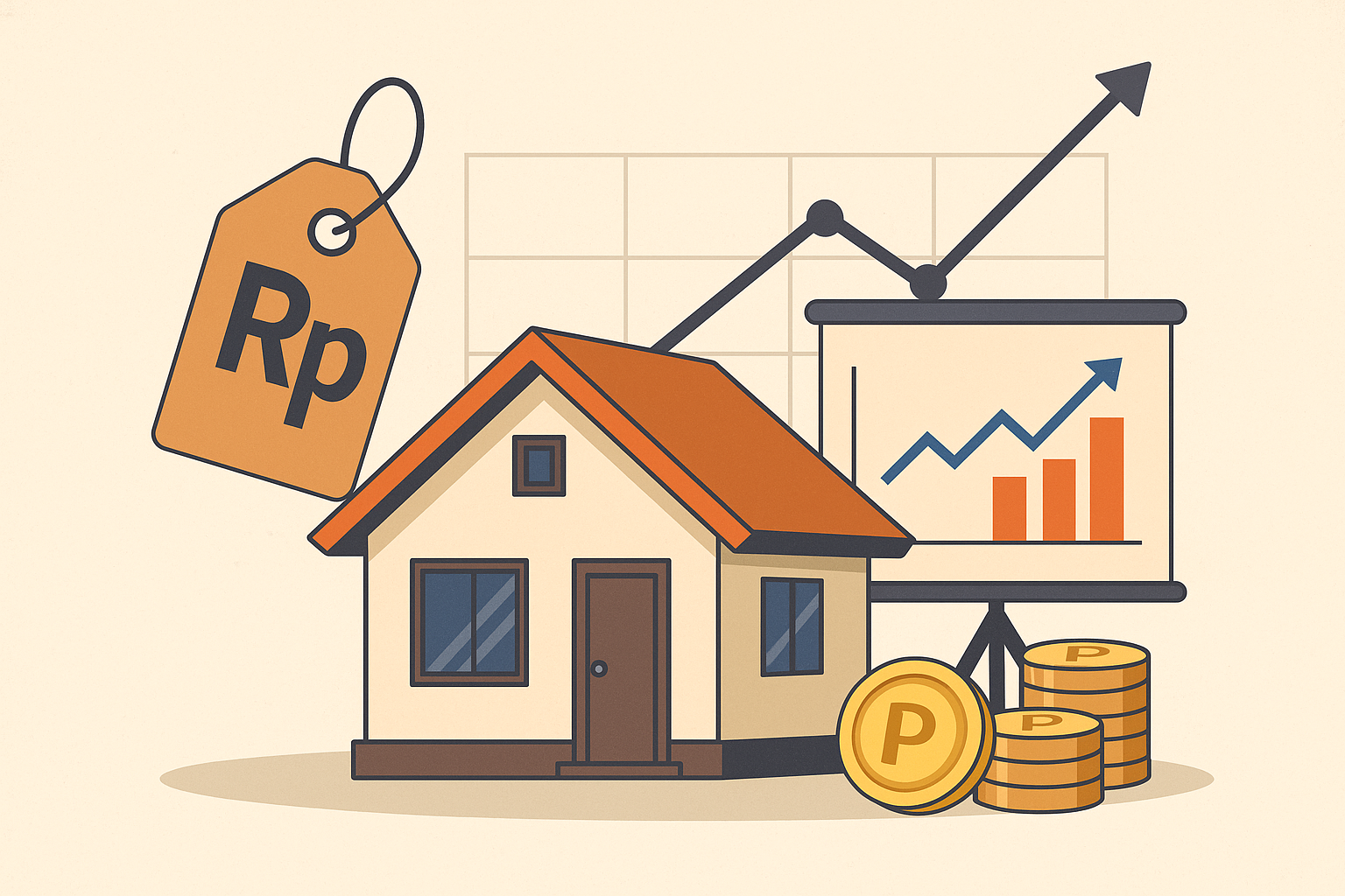 Cara Menentukan Harga Sewa Properti Terbaik Ilustrasi properti dengan label harga, grafik pasar, dan koin emas – menggambarkan proses menetapkan harga sewa yang optimal untuk investasi.