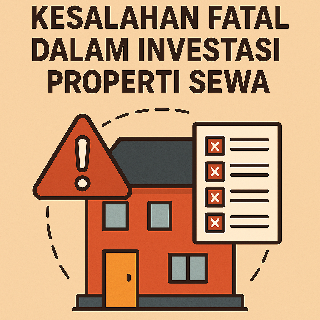 Kesalahan Fatal dalam Investasi Properti Sewa Ilustrasi rumah dengan tanda peringatan dan checklist merah – menggambarkan kesalahan umum dalam investasi properti dan cara menghindarinya.