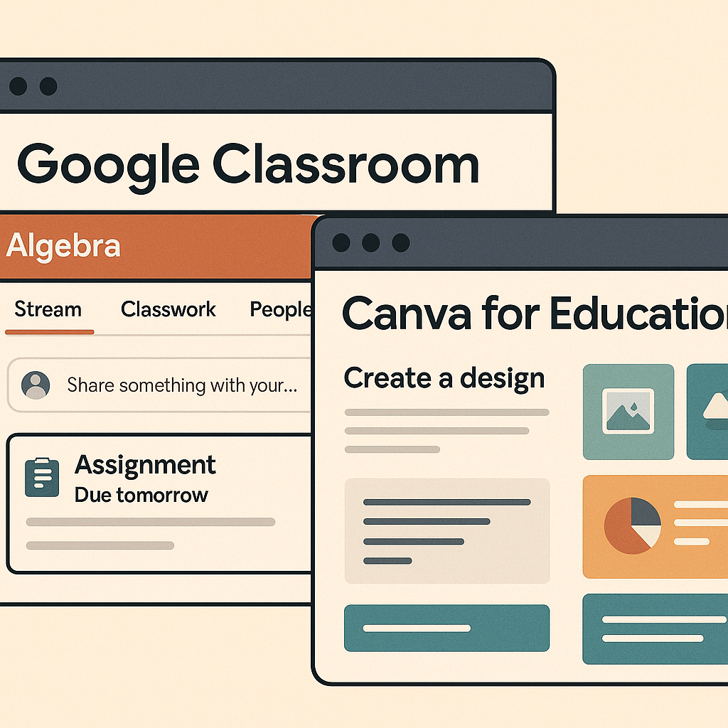 Contoh tampilan platform Google Classroom dan Canva for Education untuk guru digital