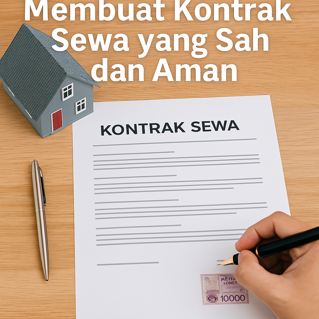 Ilustrasi tanda tangan kontrak sewa properti di atas meja dengan rumah mini dan materai