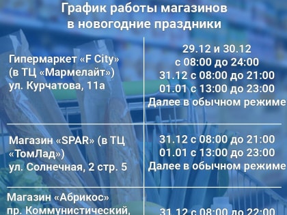 График работы магазинов в новогодние праздники