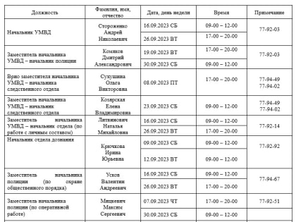 График приема граждан руководящим составом УМВД на июнь 2023 года