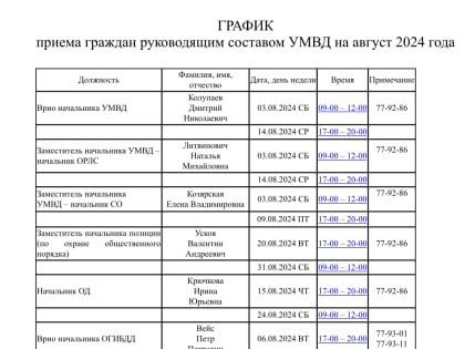 График приема граждан руководящим составом УМВД на август 2024 года