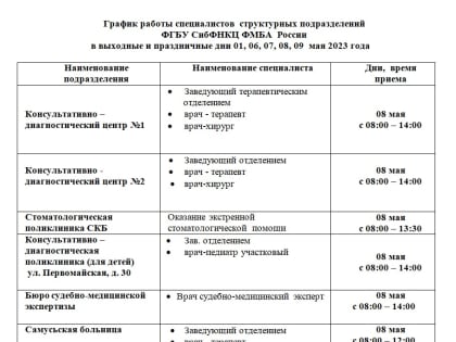 График работына в праздничные и нерабочие дни в мае  2023 г