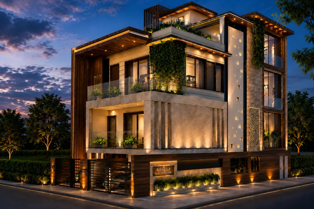 A contemporary residence demonstrating how shading, vegetation, and thoughtful façade design can improve comfort in hot Indian climates.