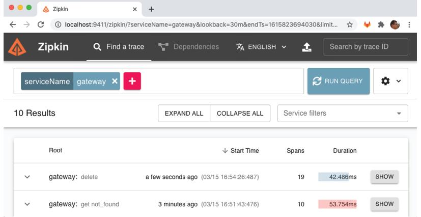 Zipkin trace search result screenshot