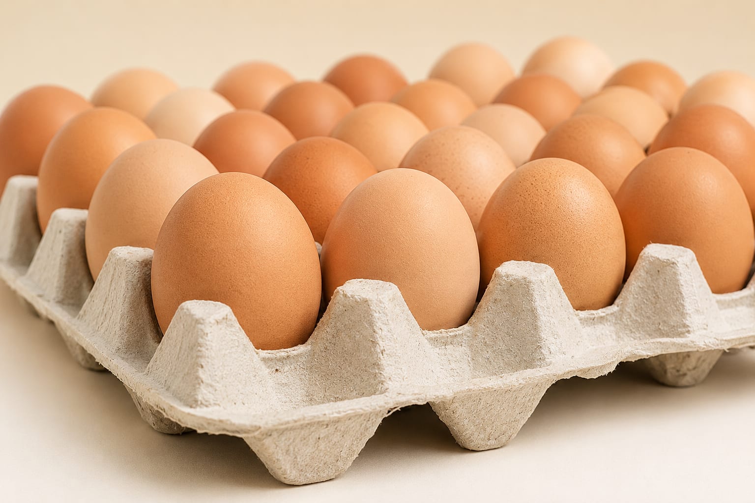 A tray of fresh, free-range brown eggs
