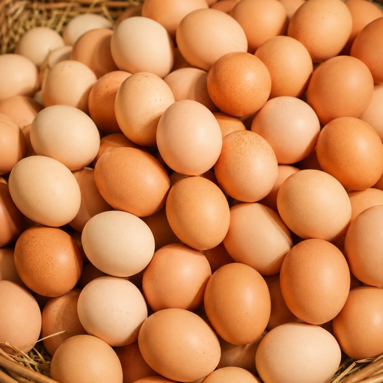 A close-up pile of fresh, free-range brown eggs