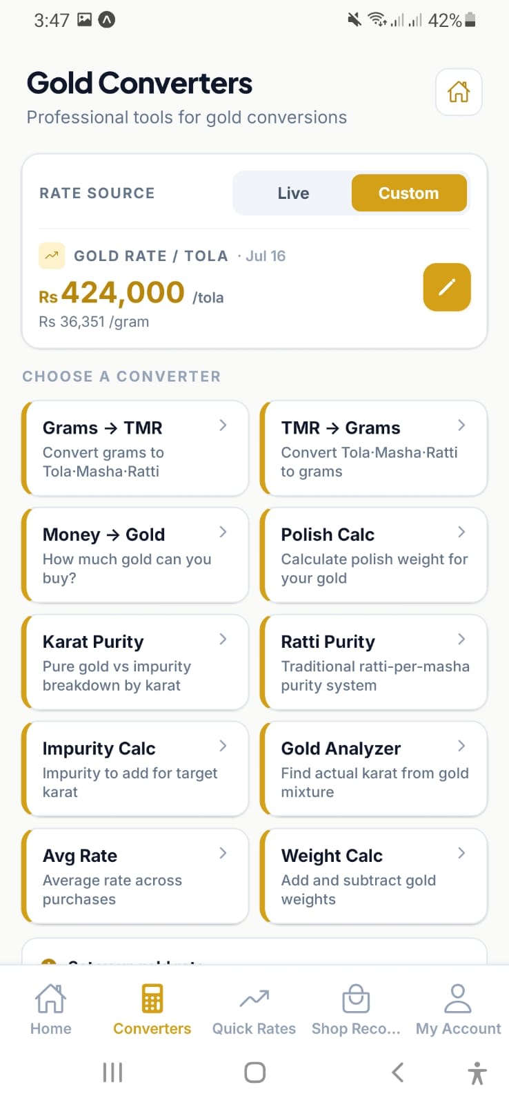 Gold converters list in the Goldify app including karat purity and polish calculators