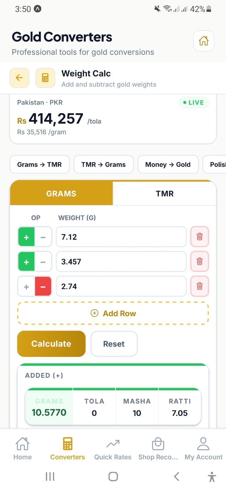 Gold weight calculator adding and subtracting tola masha ratti weights