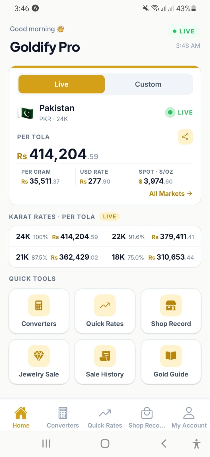 Goldify app home screen showing live gold rate per tola and per gram
