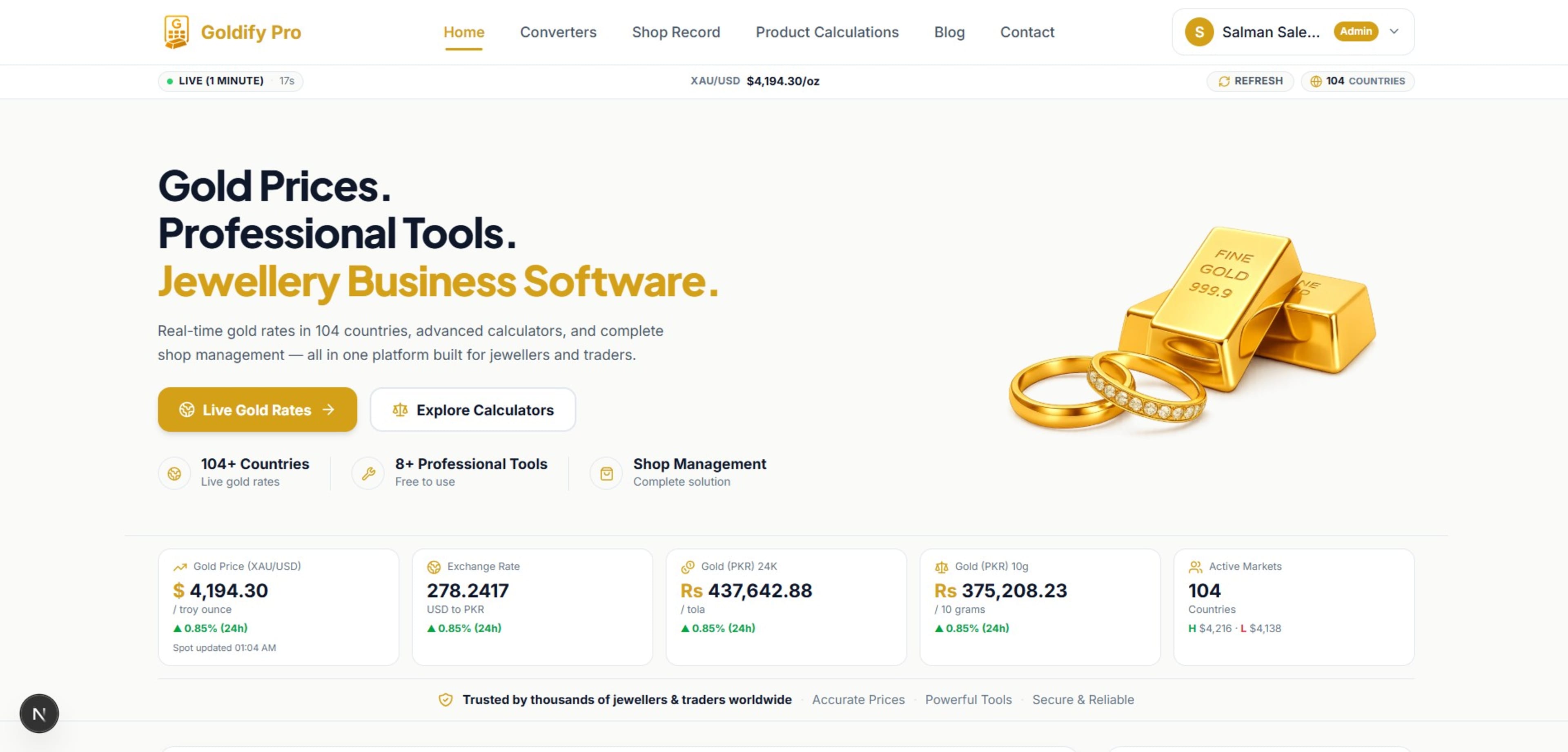 Goldify Pro dashboard — real-time gold pricing and multi-karat valuation FinTech platform built with React and Node.js