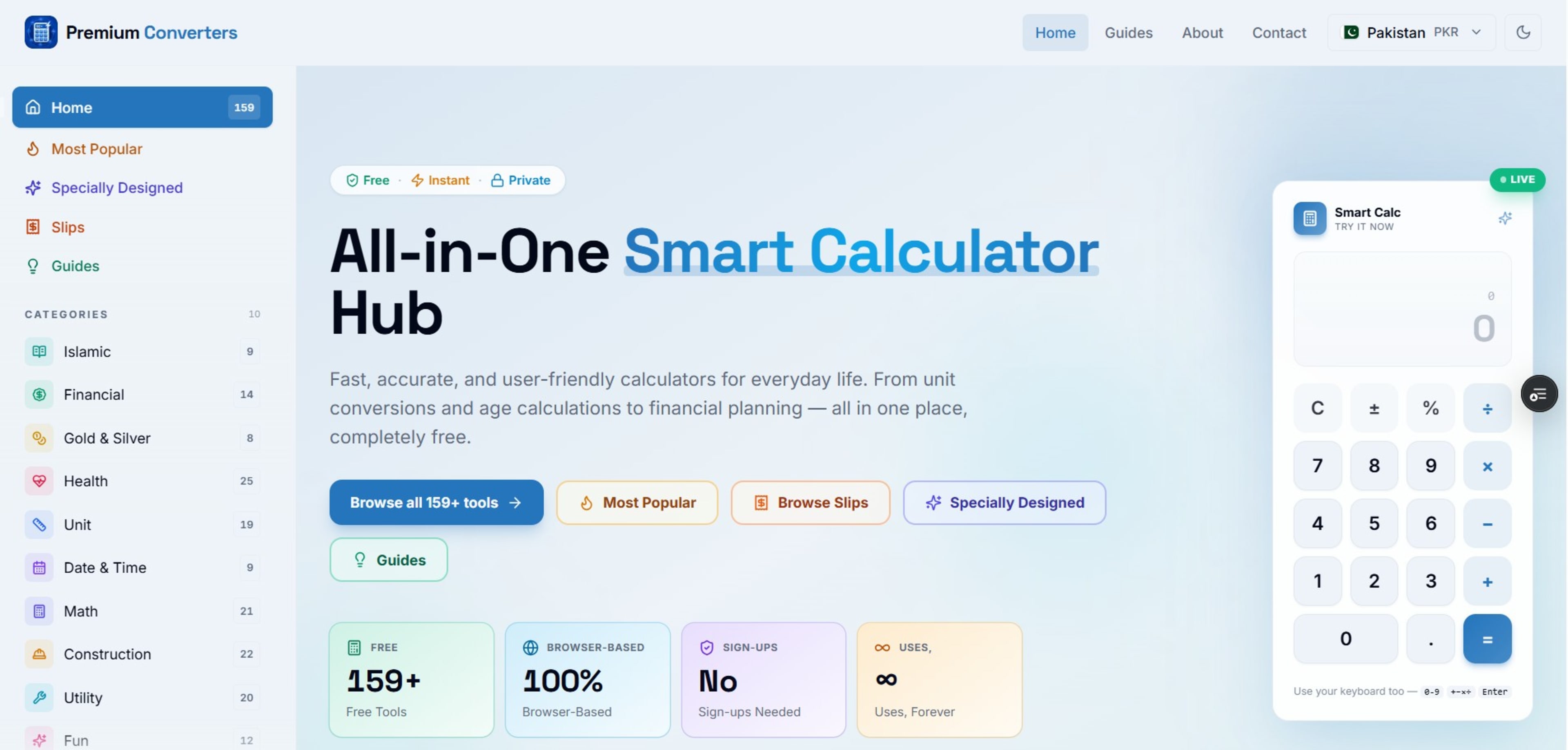 Premium Converters homepage — all-in-one calculator hub with 159+ free finance, health, and unit conversion tools