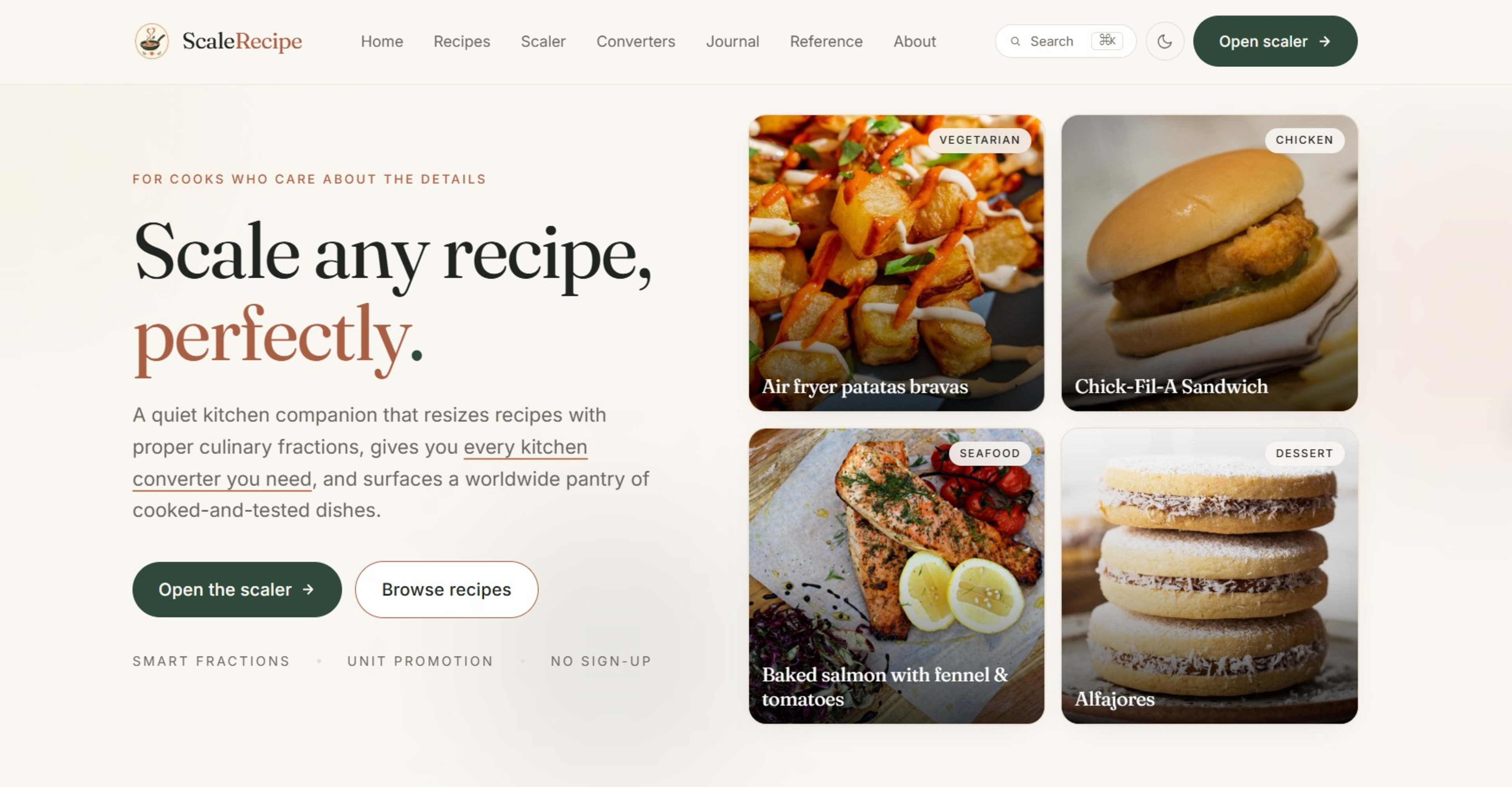 ScaleRecipe interface — smart recipe scaler and kitchen conversion toolkit with culinary fractions, built with Next.js and TypeScript