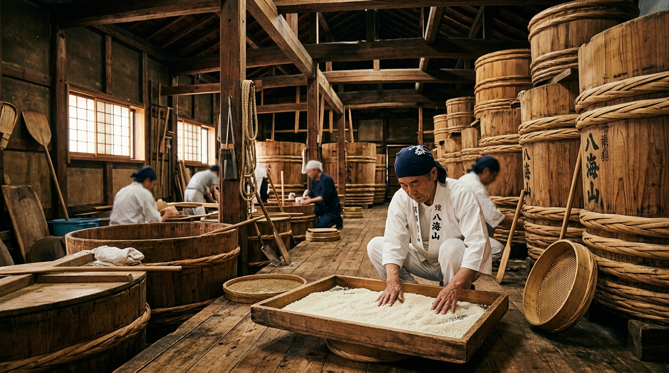 Master sake brewer inspecting rice in traditional Japanese brewery