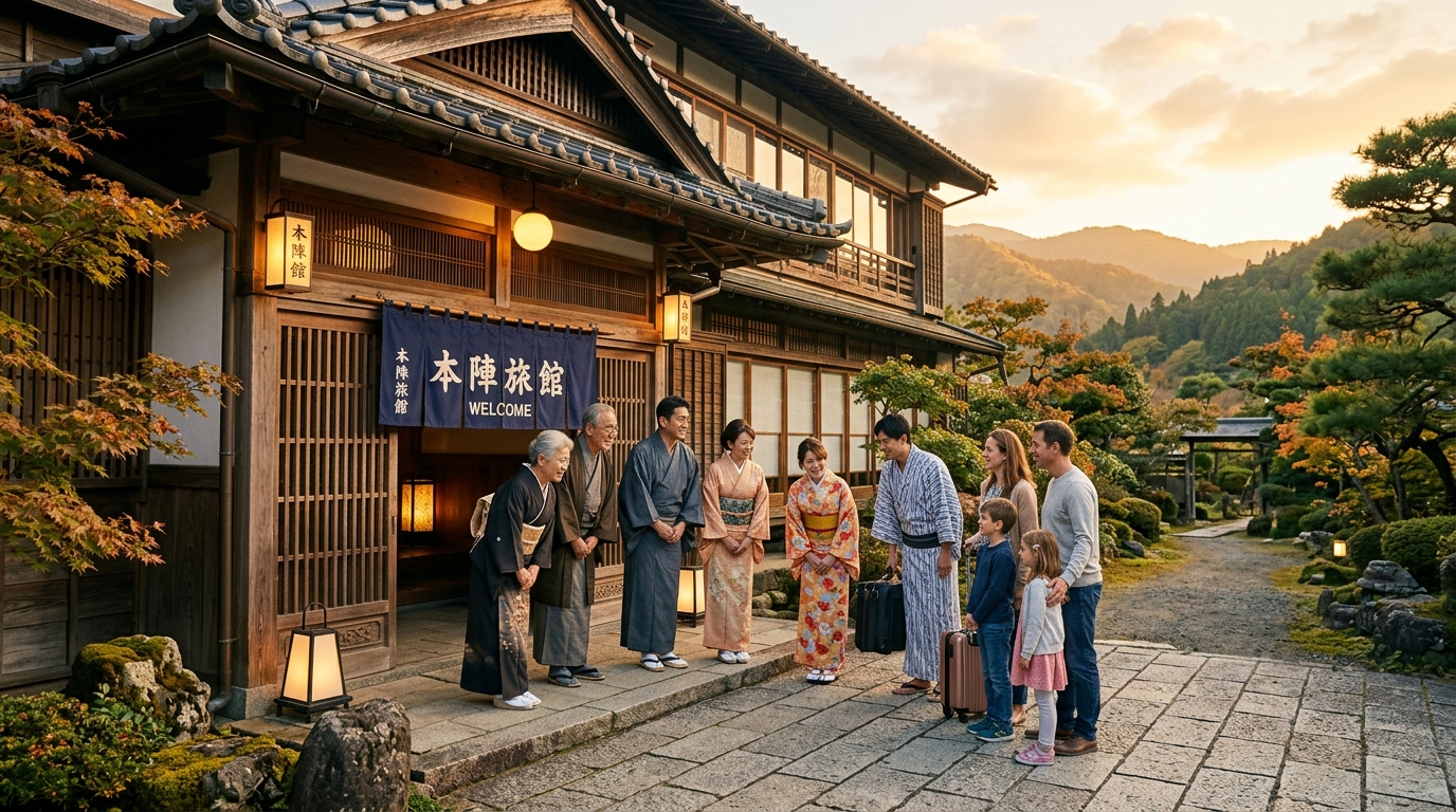 100-year-old Japanese ryokan with multiple generations of family welcoming guests