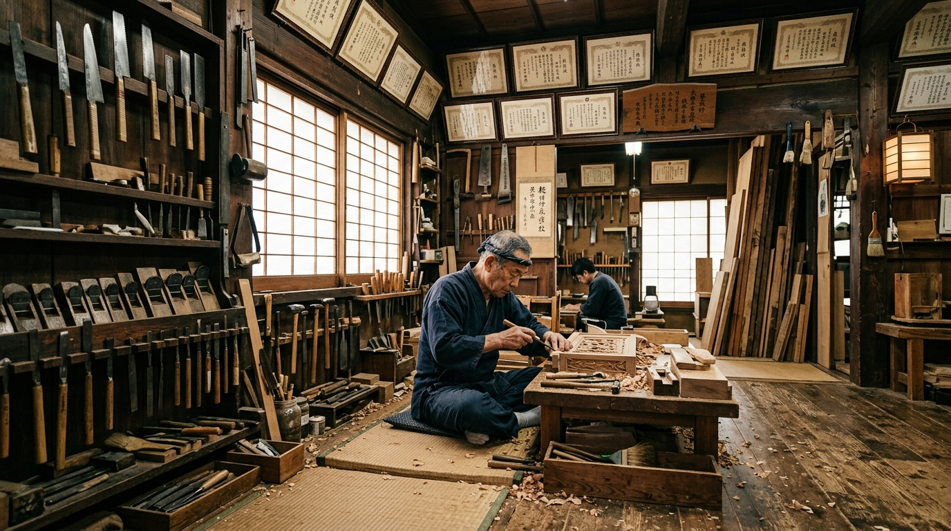 Traditional Japanese craftsman workshop with generations of mastery certificates