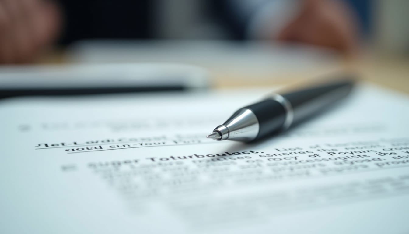 Close-up view of a contract document with a pen on top