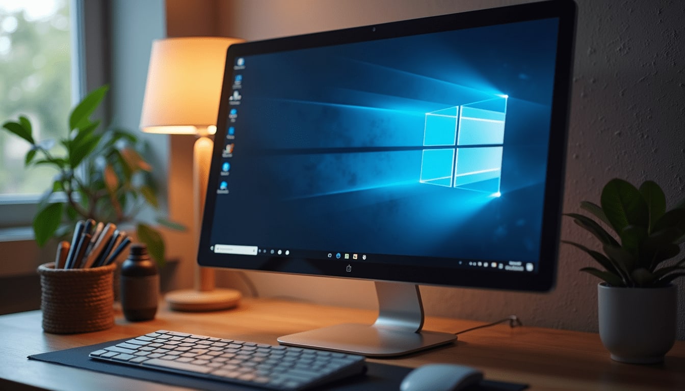 מבט מלמעלה על מחשב שולחני ועל מסך העדכון של Windows 11
