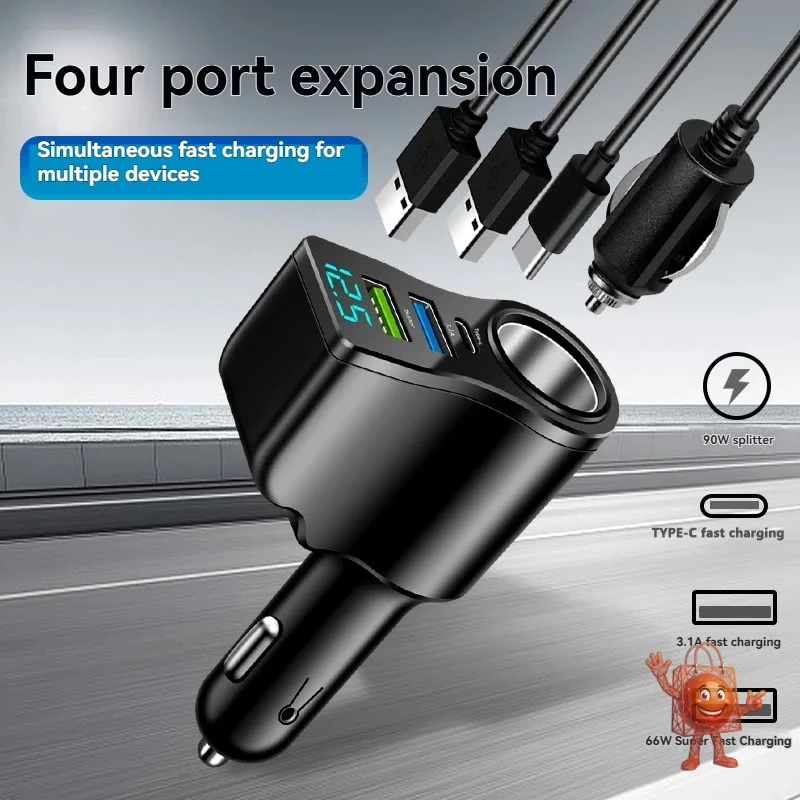 מטען רכב 66W שהופך שקע אחד ל-3 שקעים + USB כפול