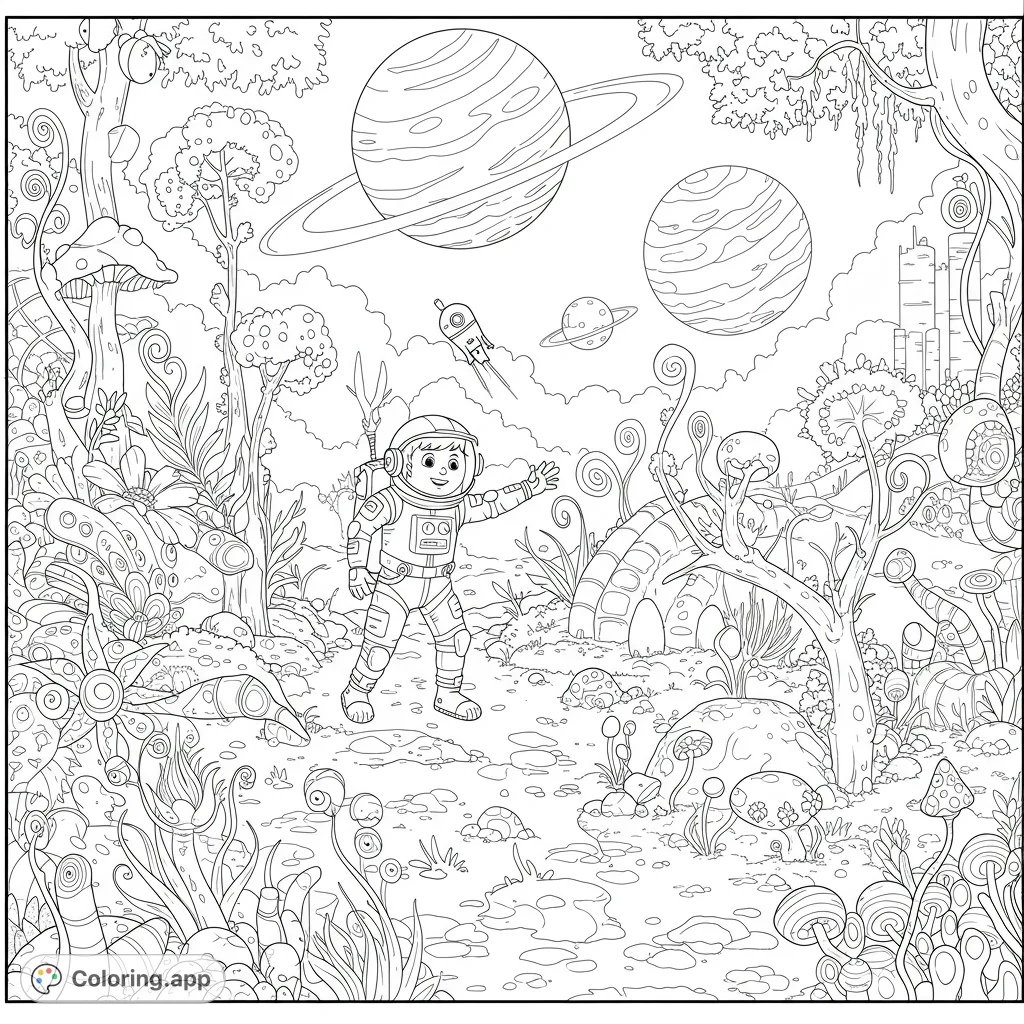 Explore an alien planet with a friendly astronaut! This free printable space adventure coloring page features unique flora, distant planets, and a futuristic city.