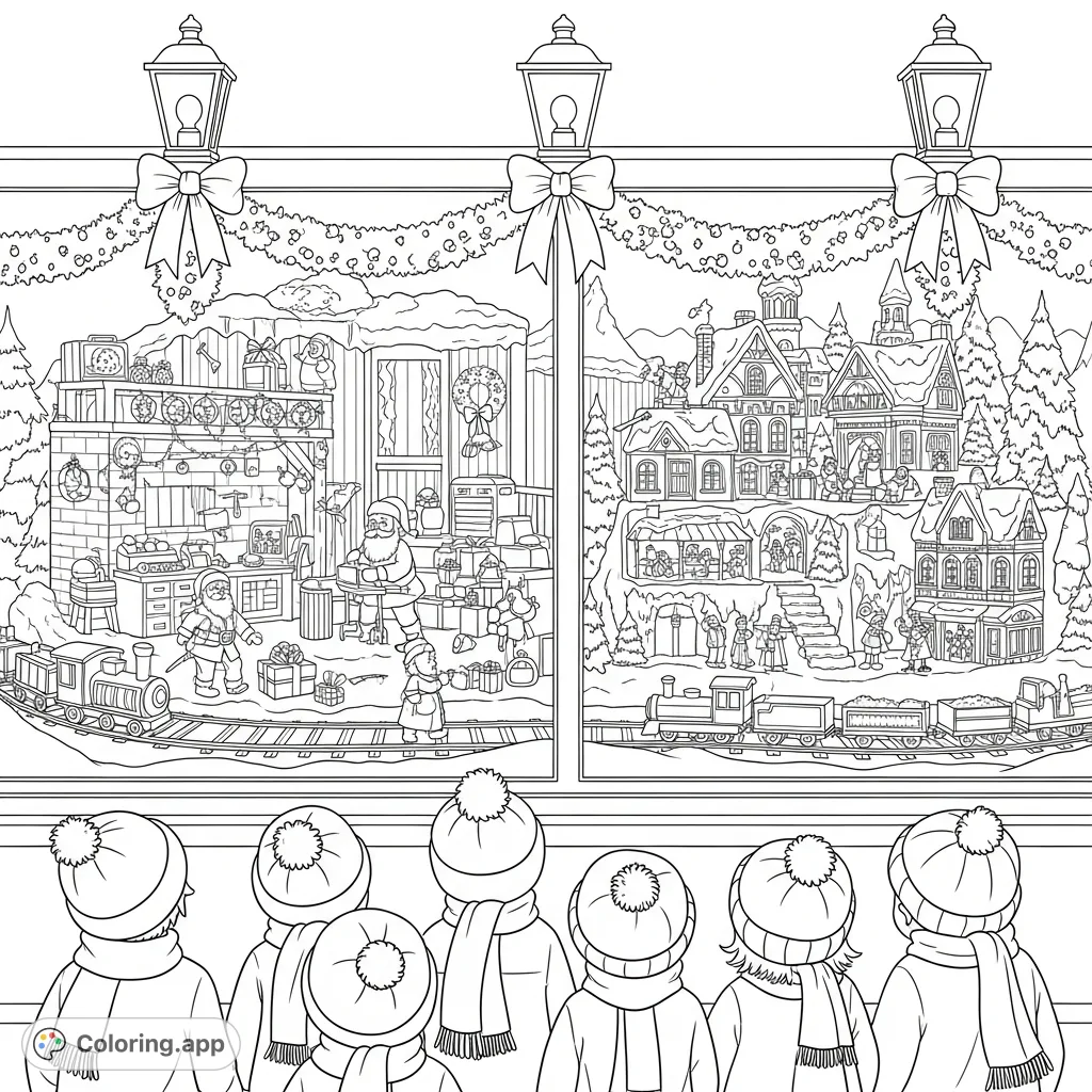 Experience holiday wonder with children captivated by a detailed Christmas window display featuring Santa's workshop, miniature villages, and toy trains on Market Street.