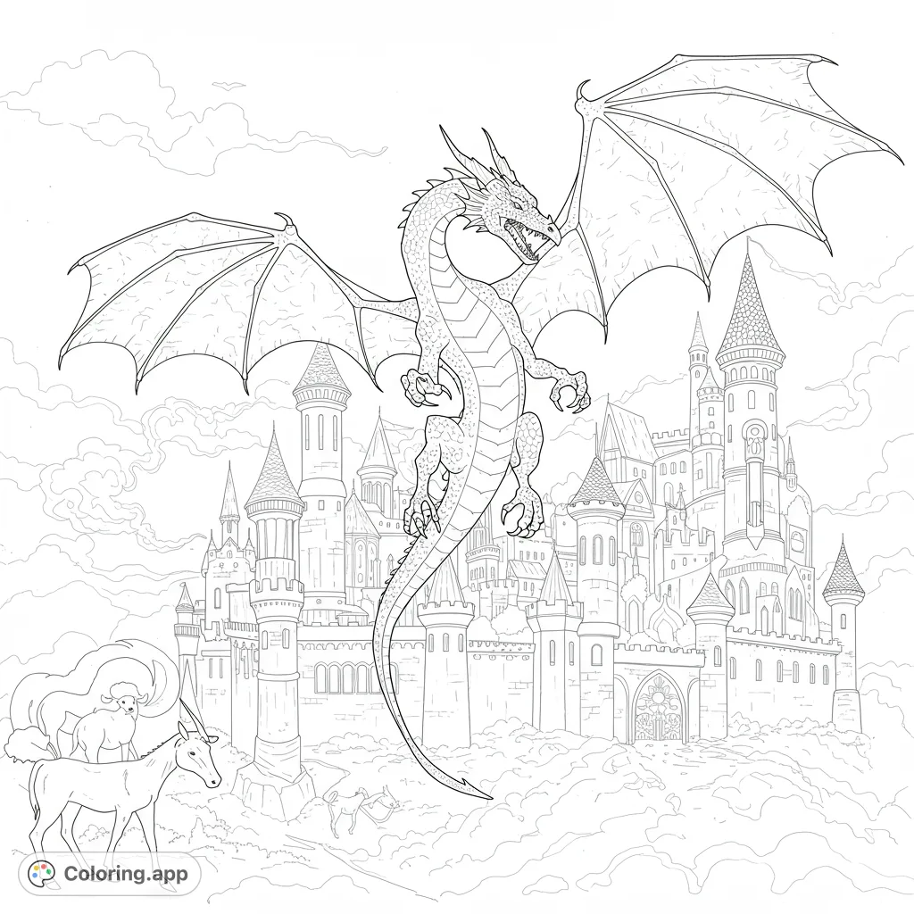 Dragon Soaring Over Medieval Castle
