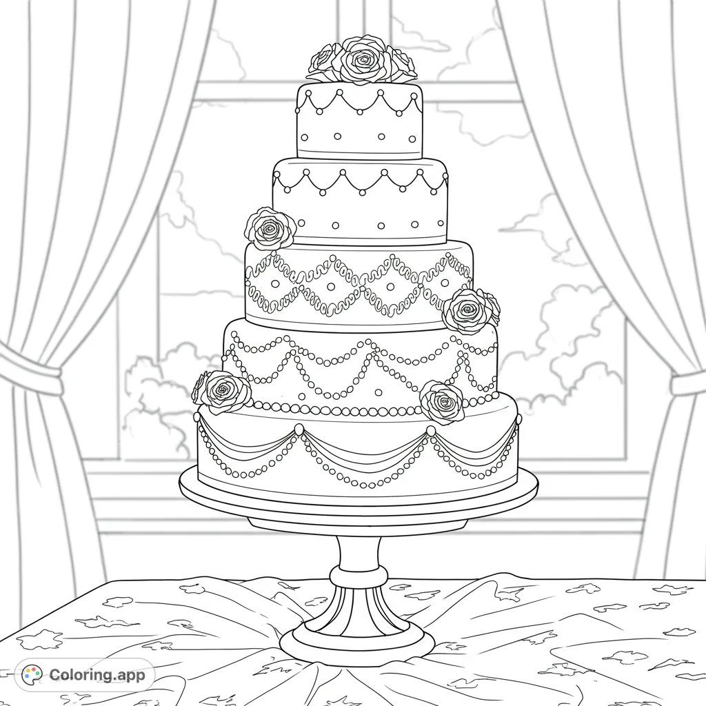 An exquisite multi-tiered wedding cake stands on a polished pedestal, adorned with delicate frosting swirls, intricate sugar lace, and tiny pearl beads, perfect for detailed coloring.