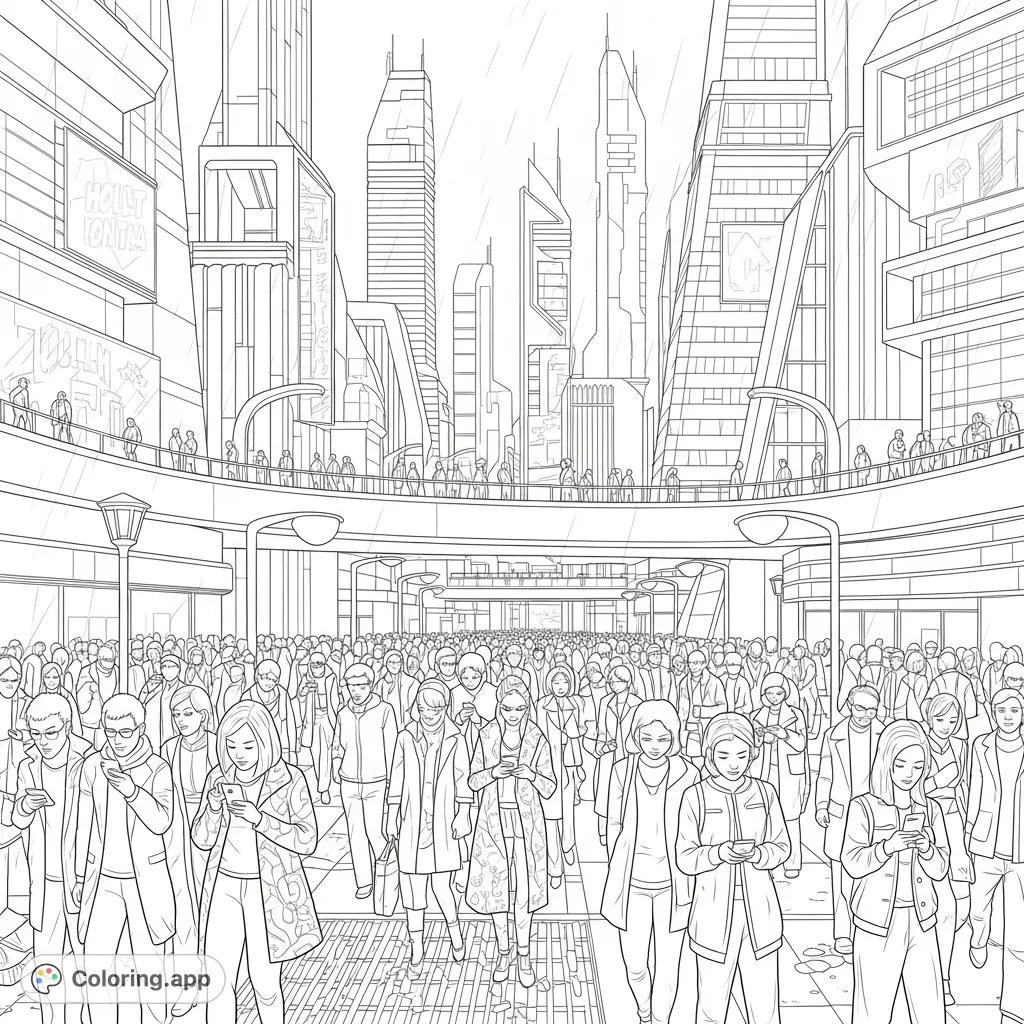 Explore a detailed futuristic cityscape coloring page, bustling with a crowd engrossed in their devices. A free printable coloring page for urban sci-fi fans.