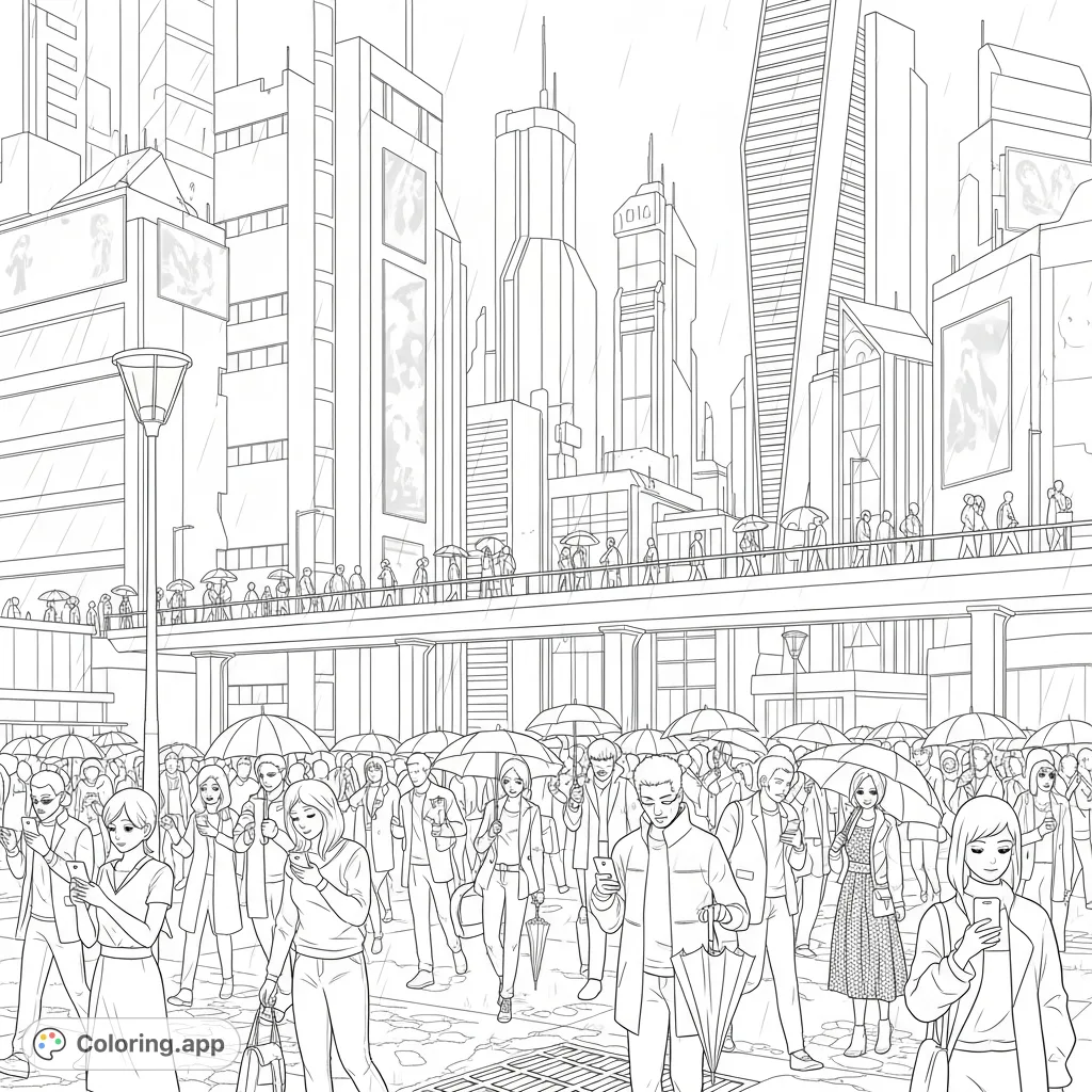 Explore a detailed futuristic cityscape coloring page with towering skyscrapers, bustling crowds, and advanced technology. A captivating scene for urban enthusiasts.