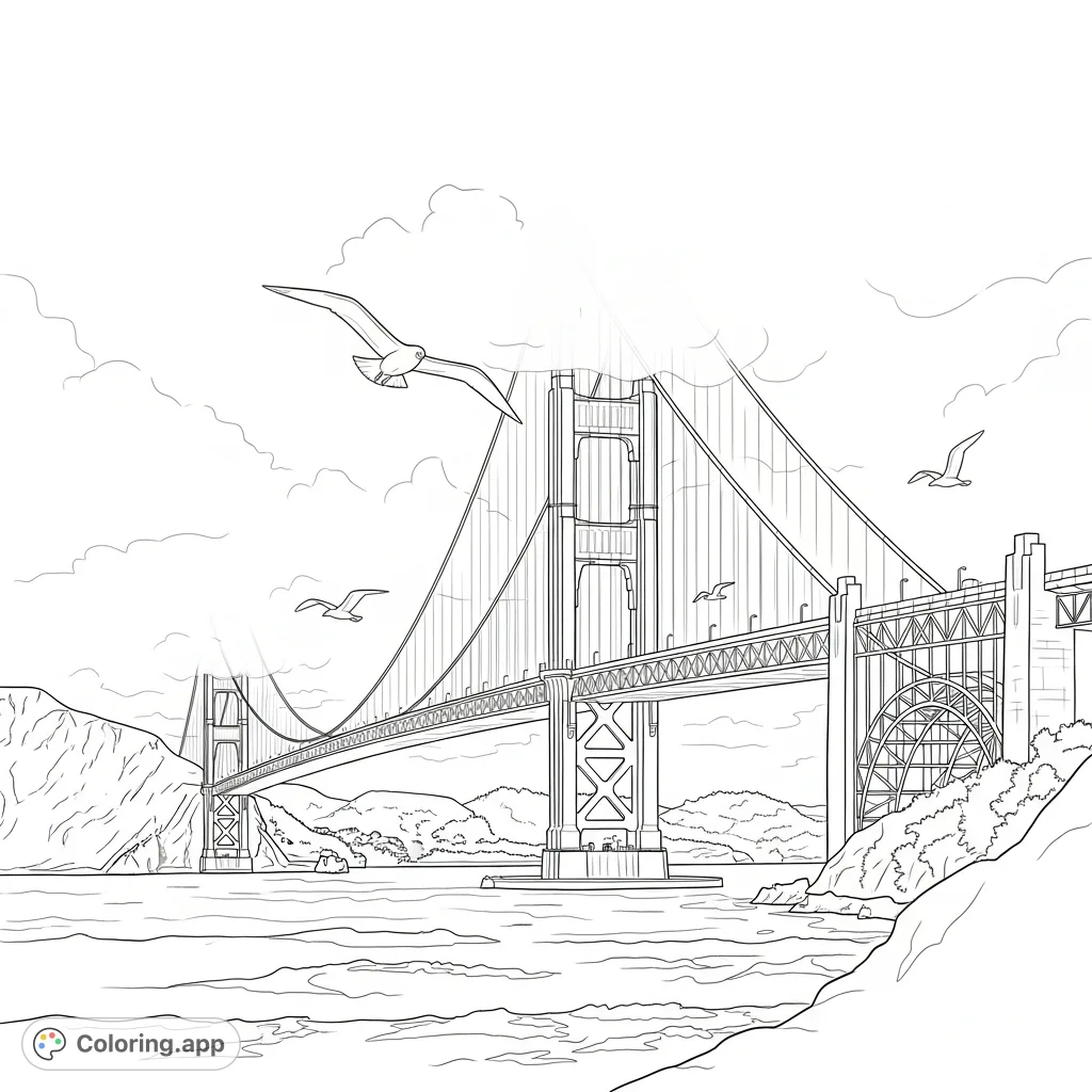 Color this striking Golden Gate Bridge scene, partially veiled by atmospheric conditions, featuring iconic towers, churning bay waters, and soaring gulls.